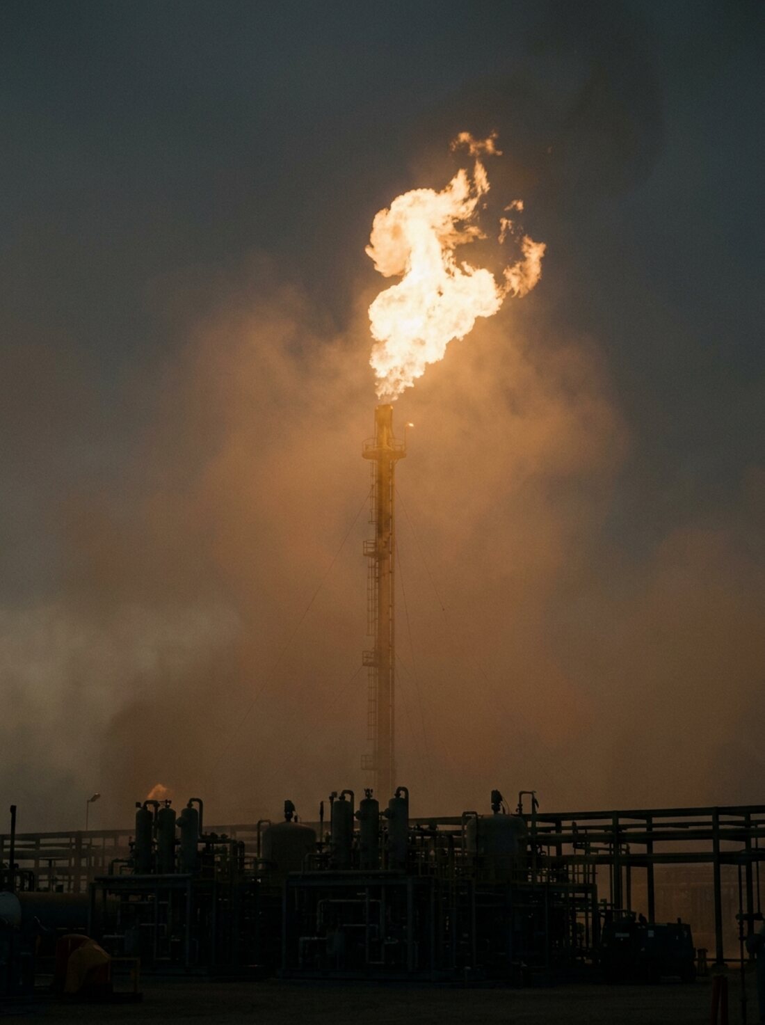 A gas flare burning above a process facility at last light.